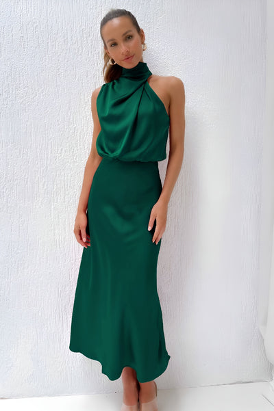 Carlina | Langes Satinkleid mit Neckholder-Ausschnitt