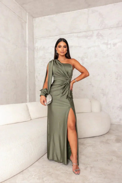 Araceli | Satiniertes Kleid mit einem Ärmel